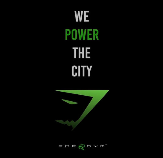Green gym shark logo "we power the city"